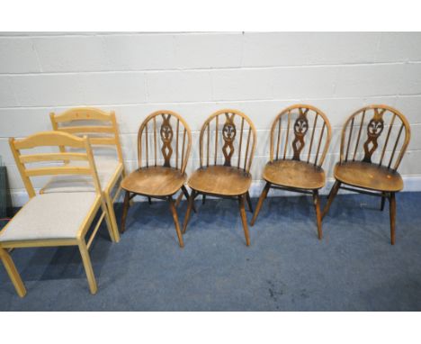 A SET OF FOUR ERCOL PRINCE OF WALES BACK CHAIRS, and two other modern beech chairs (condition report: -Ercol chairs with a wo