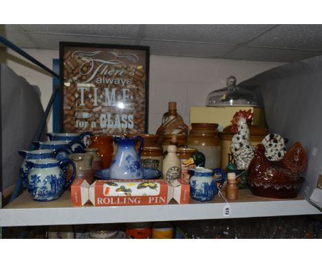 A GROUP OF CERAMICS AND SUNDRY ITEMS, to include a set of five graduating Victoria Ironstone blue jugs, a boxed Portmeirion r