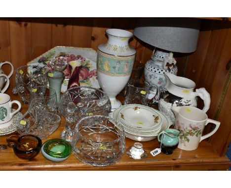 A GROUP OF CERAMICS AND GLASSWARE, comprising a Wedgwood silver lustre fox hunting design jug, a Portmeirion rambling rose de