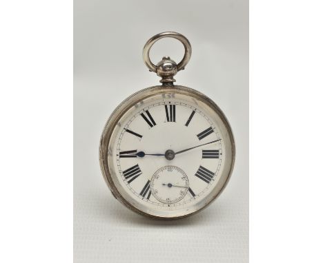 A LATE VICTORIAN SILVER OPEN FACE POCKET WATCH, key wound, round white dial, Roman numerals, subsidiary dial at the six o'clo