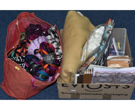 A BOX AND A BAG OF NEEDLECRAFT ITEMS, to include twenty balls of novelty yarns, over fifty vintage knitting patterns from the