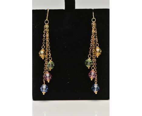 A PAIR OF 9CT GOLD DROP EARRINGS, four trace chains at different lengths each fitted with a coloured crystal, fish hook fitti