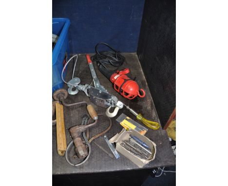 FOUR PLASTIC TRAYS CONTAINING HAND TOOLS AND TEST EQUIPMENT including two brand new still wrapped Chesterman Steel Rules, a S