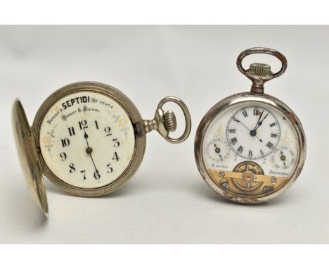 TWO POCKET WATCHES, the first a manual wind, open face watch, skeleton white dial, Roman numeral dial with two subsidiary dia