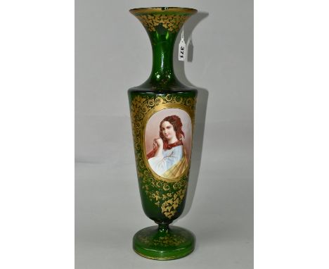 A BOHEMIAN GLASS VASE, with gilding and porcelain portrait plaque applied to a green glass body, the plaque painted with a fe