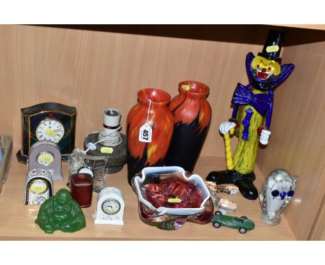 A COLLECTION OF STUDIO GLASS AND FIVE CLOCKS, comprising a pair of  Czech 1940's 'Splatter' glass vases, yellow, red and blac