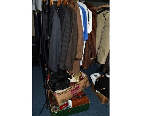 THREE BOXES AND FOURTEEN ITEMS OF VINTAGE CLOTHING, to include a ladies brown fur coat, eight vintage T-shirts UK size XL - I