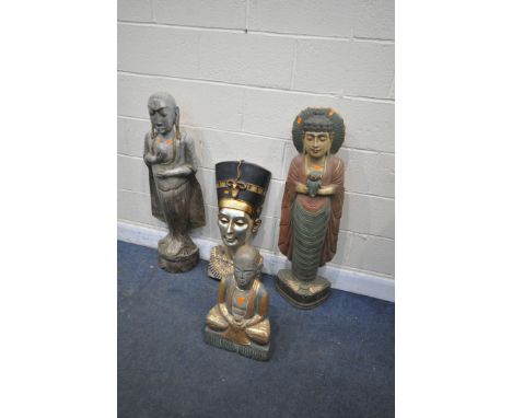 THREE VARIOUS CARVED WOOD BUDDHA STATUE'S, including two standing, one sitting, along with an Egyptian statue (condition repo