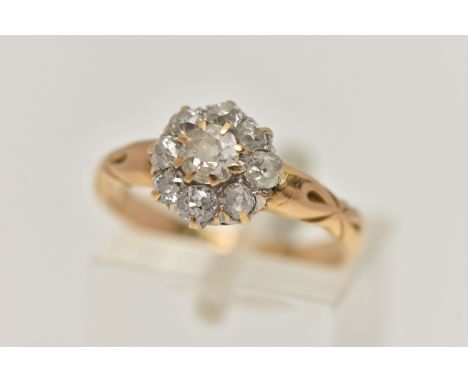A VICTORIAN DIAMOND CLUSTER RING, cluster of old cut diamonds, estimated total diamond weight 0.90cts, textured shoulders lea