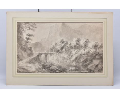 AN EARLY 19TH CENTURY ROMANTIC ENGLISH SCHOOL LANDSCAPE, a solitary figure is crossing a bridge with cattle in the water belo