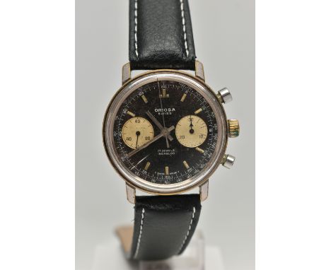 A CHROME PLATED HAND WOUND ORIOSA TWIN DIAL CHRONOGRAPH WRISTWATCH, black dial with discoloured subsidiary chronograph dials 