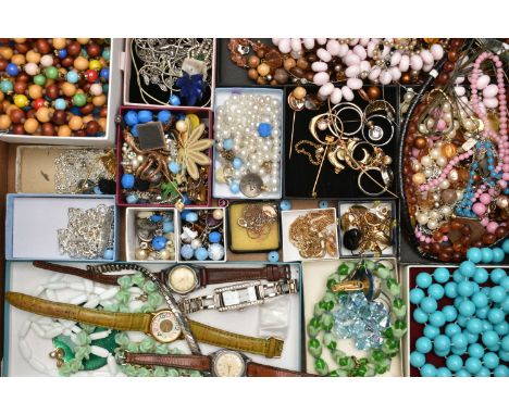 A BOX OF ASSORTED COSTUME JEWELLERY, to include beaded necklaces, rings, earrings, chains, brooches, wristwatches including T