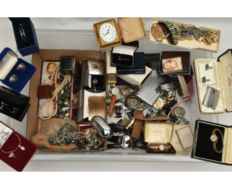 A BOX OF ASSORTED JEWELLERY AND WATCHES, to include a yellow metal stick pin, stamped 9ct, approximate gross weight 0.8 grams