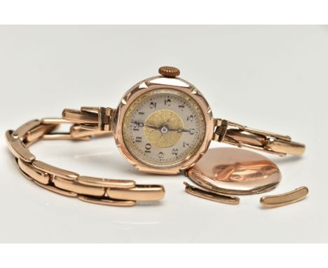 AN EARLY 20TH CENTURY LADYS 9CT GOLD WRISTWATCH, AF manual wind watch, round bi-colour dial, Arabic numerals, blue steel hand