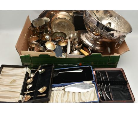 A BOX OF ASSORTED WHITE METAL WARE, to include a silver plate punch bowl with ladle, goblets, cups, posy vases, bottle coaste