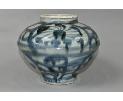 A CERAMIC VASE, of bulbous footed form with painted decoration, possibly Chinese?, height 17.5cm (1) (Condition Report: gener