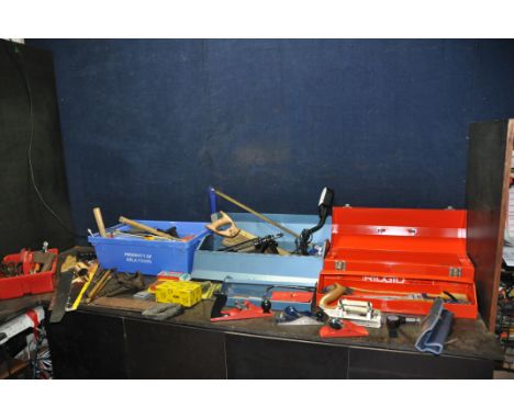 TWO TOOLBOXES AND TWO TRAYS CONTAINING TOOLS including a Record No 220 plane, a Stanley 13-052 plane, saws, hammers, brace bi