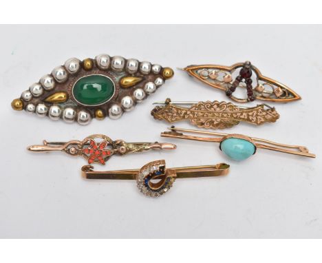 AN ASSORTMENT OF EARLY 20TH CENTURY BROOCHES, the first a 9ct gold bar brooch, centrally positioned with a blue and colourles