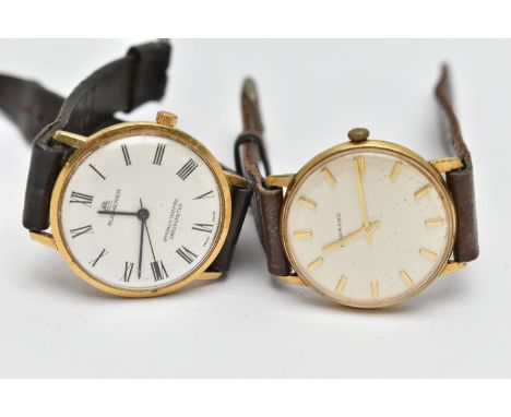 TWO GOLD PLATED GENTS WRISTWATCHES, to include a manual wind 'Garrard' watch, round silver dial signed 'Garrard', baton marke