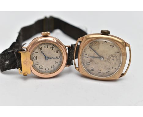 TWO EARLY TO MID 20TH CENTURY GOLD WRISTWATCHES, the first a manual wind 'Waltham', round silver dial signed 'Waltham' Arabic
