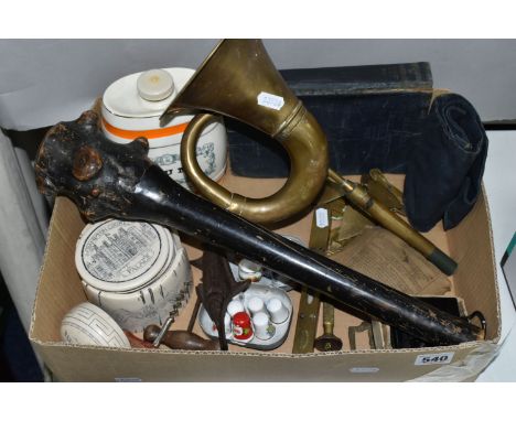 A BOX OF SUNDRY ITEMS ETC, to include a Bakelite military 'compass magnetic marching' mark 1, a 1944 first field dressing, Fa