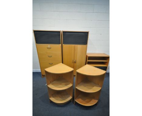 A SELECTION OF MODERN BEECH OFFICE CABINETS, to include two tall cabinets including doors, filing drawers and roller doors, w