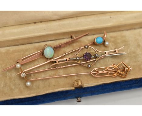 AN ASSORTMENT OF BROOCHES AND STICK PINS, a collection comprising of a diamond and seed pearl stick pin, stamped 15, a turquo