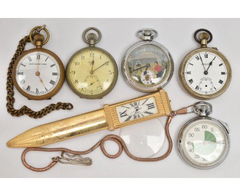 FOUR POCKET WATCHES, A STOP WATCH AND A NOVELTY CLOCK LETTER OPENER, to include a novelty manual wind Ingersoll football pock