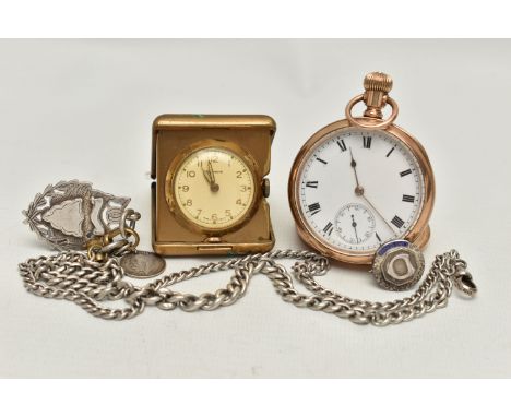 FOUR ITEMS, to include an open face pocket watch, the white face with black Roman numerals and subsidiary seconds dial, a sil