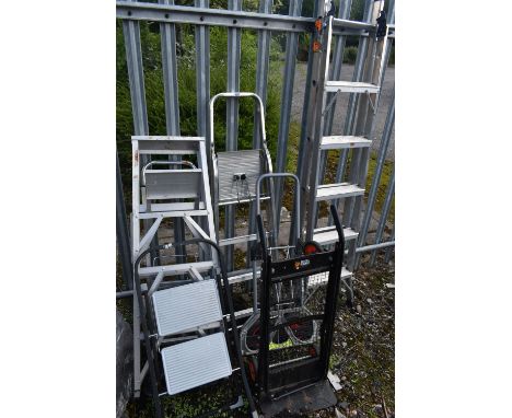 A SELECTION OF STEP LADDERS, to include a Beldray extention ladder, closed height 188cm, three other ladders and three sack t