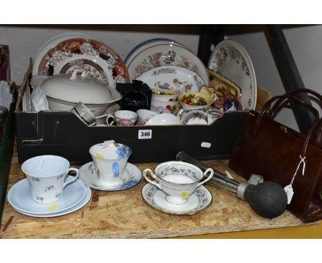 ONE BOX OF TEA WARE AND SUNDRIES, to include a vintage French black glass vase, Queen's China 'Antique Fruit Series' pattern 