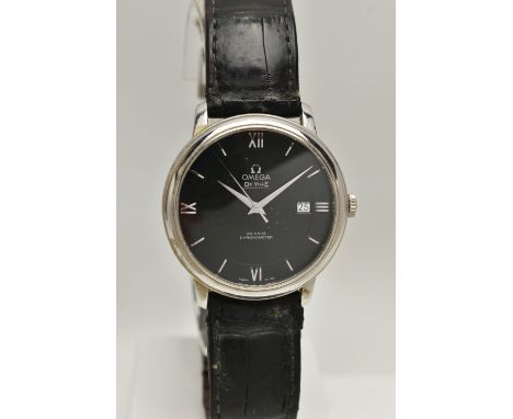 A BOXED STEEL OMEGA DE VILLE PRESTIGE CO-AXIAL CHRONOMETER WRISTWATCH, black dial with Arabic and baton markers, date window 