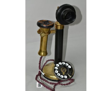 AN EARLY 20TH CENTURY CANDLESTICK TELEPHONE,  earpiece marked Stalloy No.12, brass and Bakelite,  mouthpiece marked TE234 No.