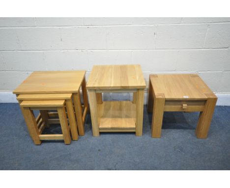 A LIGHT OAK LAMP TABLE, with a single drawer, 45cm squared x height 40cm, an occasional table, and a nest of three tables (co