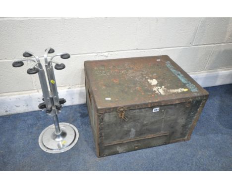 A VINTAGE METAL BANDED MILITARY TRUNK, width 58cm x depth 47cm x height 37cm, and a spirit dispenser (condition report: -trun