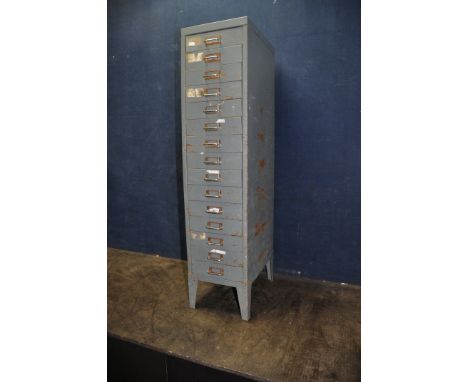 A TALL VINTAGE SET OF 15 INDEX DRAWERS in grey, with hoop handles and card inserts width 28cm x depth 41cm x height 120cm (Co