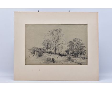 CIRCLE OF HENRY BRIGHT (1814-1873), A 19TH CENTURY ENGLISH SCHOOL LANDSCAPE, a figure in a cart on a lane flanked by trees, b