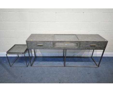 A MARINA HOME GREY FINISH SIDE / DRESSING TABLE, with two drawers, flanking a glazed display section, length 180cm x depth 47