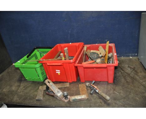 THREE TRAYS CONTAINING HAND AND POWER TOOLS including an untested Black and Decker sander, a Stanley Plane, various tri squar