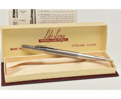 A BOXED WHITE METAL 'LIFE-LONG' PROPELLING PENCIL, engine turned pattern, stamped 'Sterling Silver' Life-Long', with fitted b
