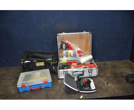 AN ALUMINIUM CASE AND A TOOL BAG CONTAINING TOOLS including a Bosch ixo cordless screwdriver with case and power supply (PAT 