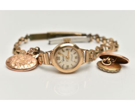 A PAIR OF 9CT GOLD CUFFLINKS AND A LADYS WRISTWATCH, oval chain link cufflinks with engraved ivy and floral patterns, hallmar