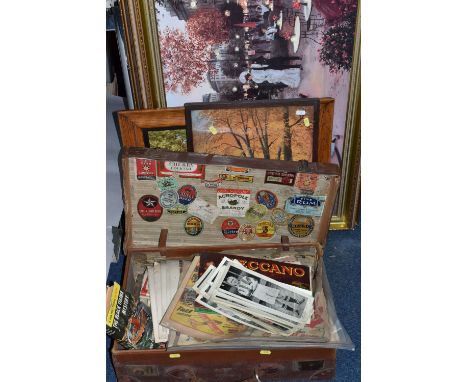 A VINTAGE SUITCASE, FOUR FRAMED PRINTS AND EPHEMERA, to include four framed prints, , thirty seven 1930's Topical Times Footb