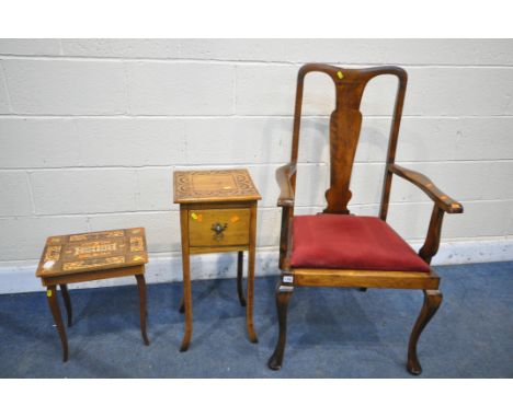 A CARVED OAK LAMP TABLE with a single drawer, along with a serrento music jewellery box, and a splat back armchair (condition