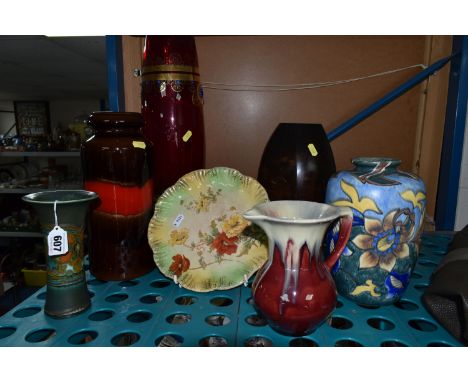 A GROUP OF MID-CENTURY VASES, comprising a West German red and brown vase, marked 517-30, height 32cm, a large cranberry glas