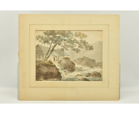 CIRCLE OF JOSEPH BARKER A RIVER LANDSCAPE WITH WATER MILL, no visible signature, watercolour on paper, approximate visible si