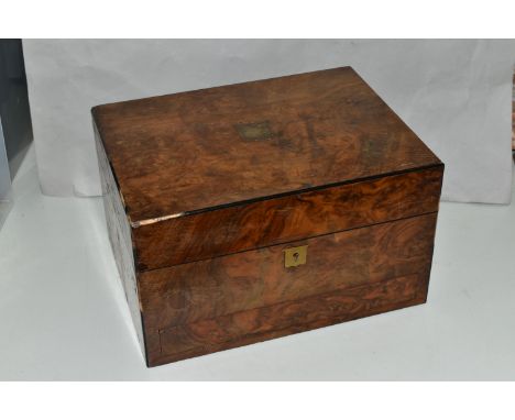 A LATE NINETEENTH CENTURY BURR WOOD VENEERED VANITY CASE, by H Greaves of New Street Birmingham, with brass escutcheon and va