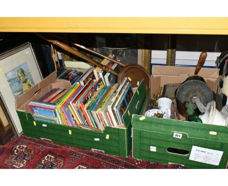 THREE BOXES OF BOOKS, METALWARE AND FRAMED PICTURES, to include a 'Zabkowice Pollen' emerald green pressed glass chamber stic