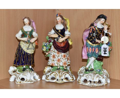 THREE EARLY 19TH CENTURY DERBY PORCELAIN FIGURES OF THE IDYLLIC MUSICIANS, comprising of a male and  a female musician, inscr