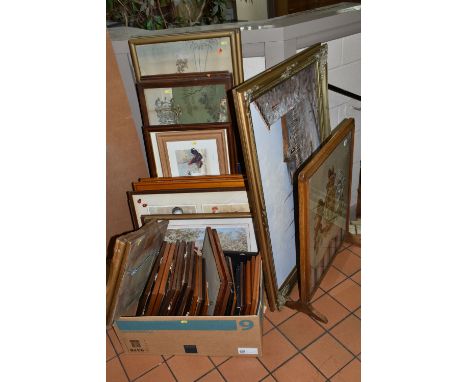 A QUANTITY OF PICTURES AND PRINTS ETC, to include an early 20th century bead work picture, depicting the Royal Coat of Arms m